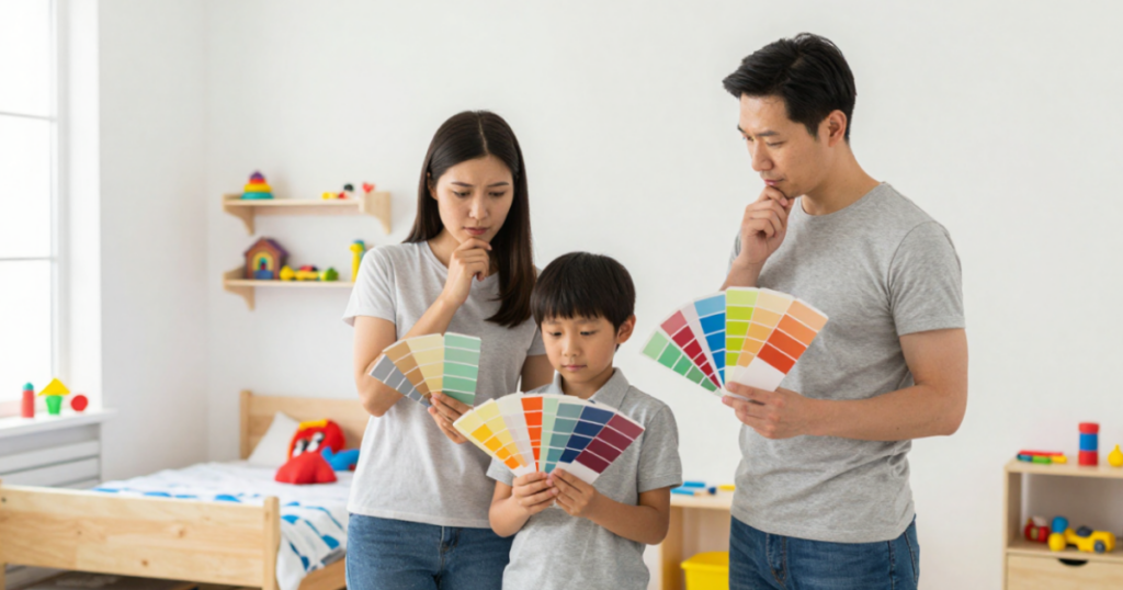 family looking at color charts in bedroom