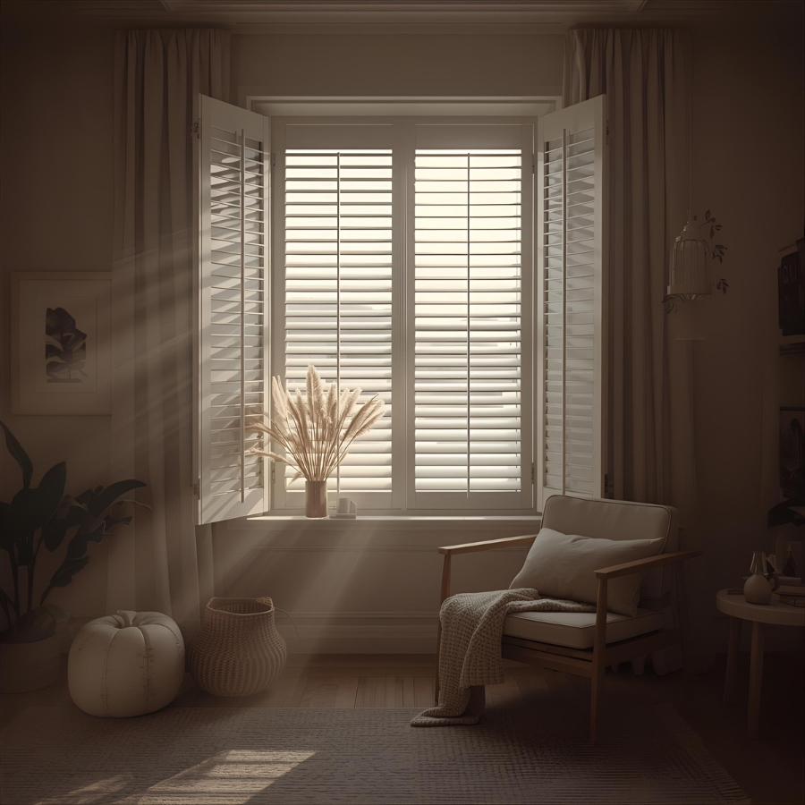 interior shutters sunlit bedroom