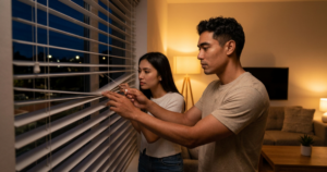 couple adjusting blinds in living room