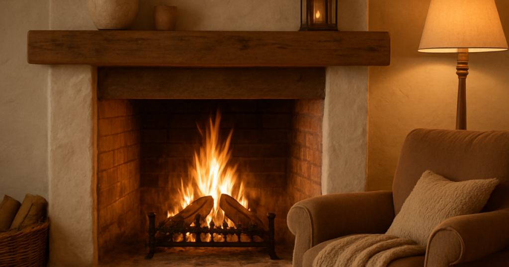 limewashed fireplace