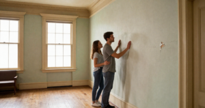 couple inspecting paint on wall for lead