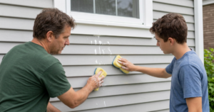 dad and son cleaning paint from siding