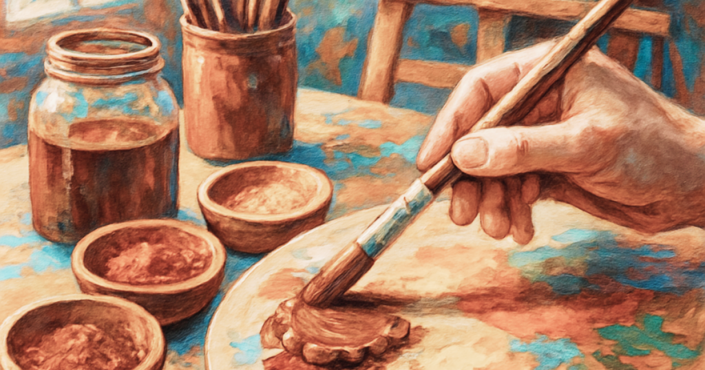 mixing brown paint on palette