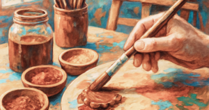 mixing brown paint on palette