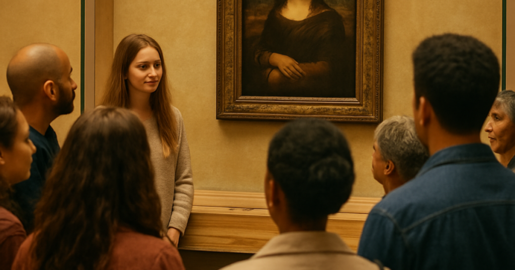 people stand around mona lisa