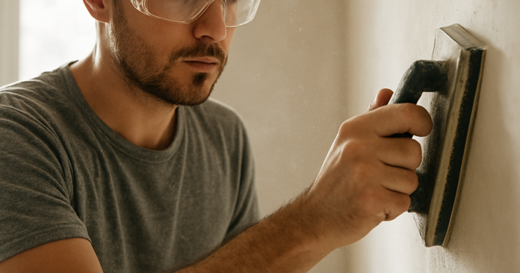 man sanding a wall