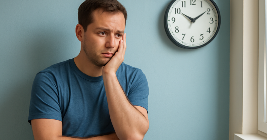 man waiting clock wall