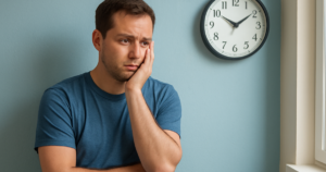 man waiting clock wall