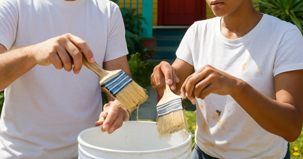 people cleaning paint brushes