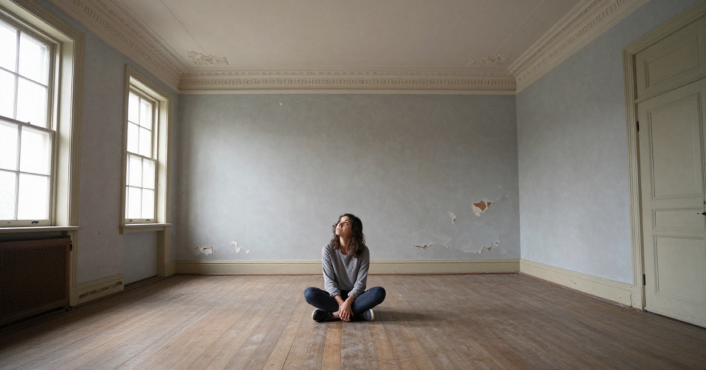 girl sitting middle of room thinking