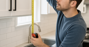 man measuring cabinet