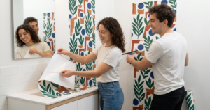 couple applying peel and stick wallpaper in bathroom