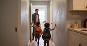 kids in hallway touching painted walls