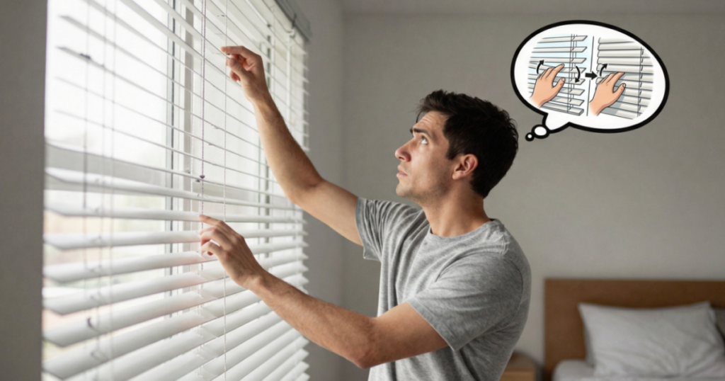 man adjusting blinds up and down