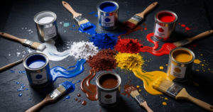 display of paint cans brushes and pigments