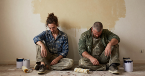 two tired painters in front of wall