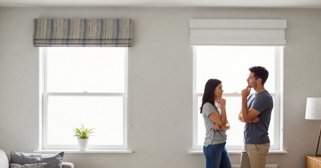couple discussing valances in home