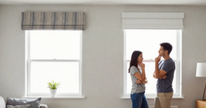 couple discussing valances in home