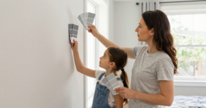 mom daughter coordinating gray colors