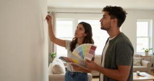 couple in living room with color fan deck