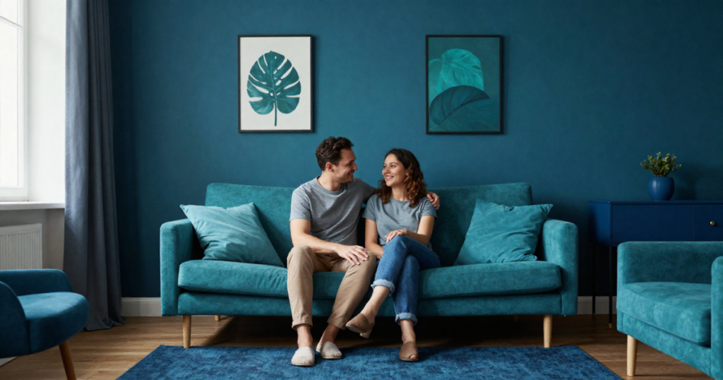 couple in monochromatic color scheme room