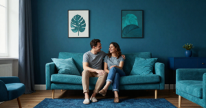 couple in monochromatic color scheme room
