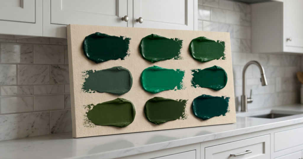 different green paint blotches on board in kitchen