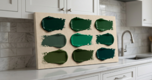 different green paint blotches on board in kitchen