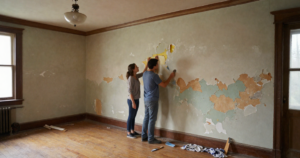couple inspecting old paint on walls