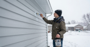young guy painting home in snow