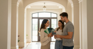 people in entryway with color fandeck