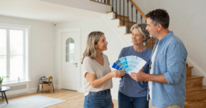 people in home entryway with fan deck