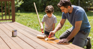 son and dad staining wood deck