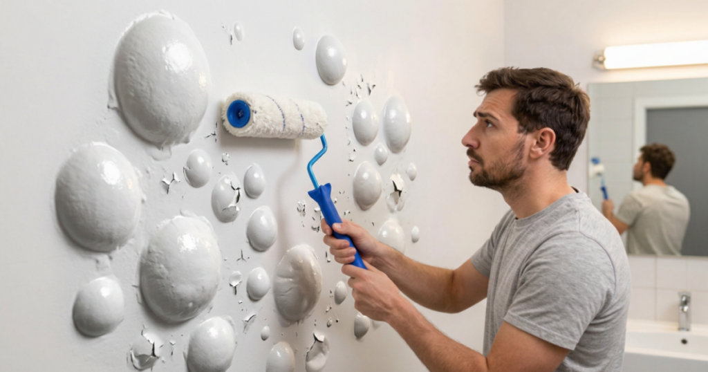 man painting bubbling paint on wall