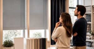 couple browsing blackout window treatments