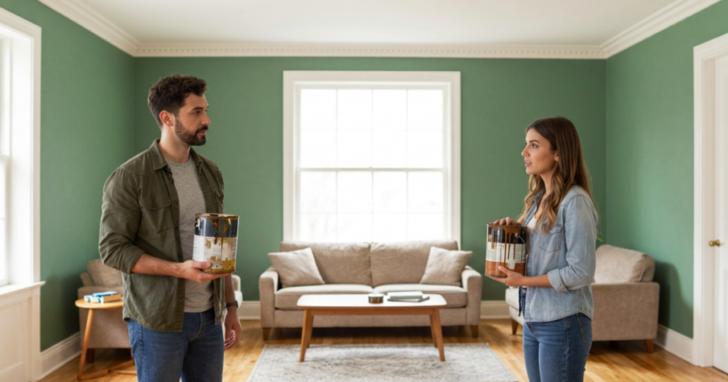 couple with old paint in living room