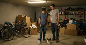 dad and son in garage with old paint