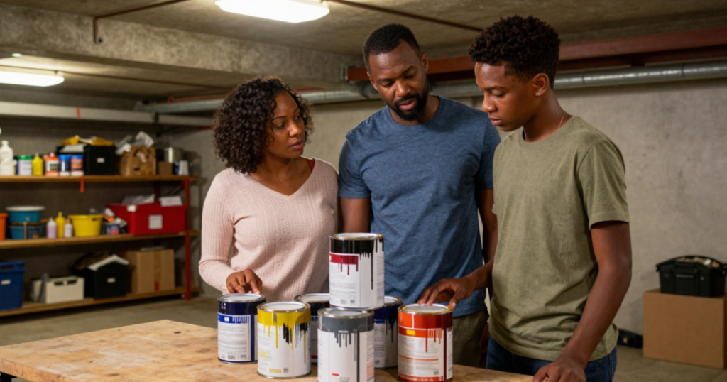 family looking at old paint in garage