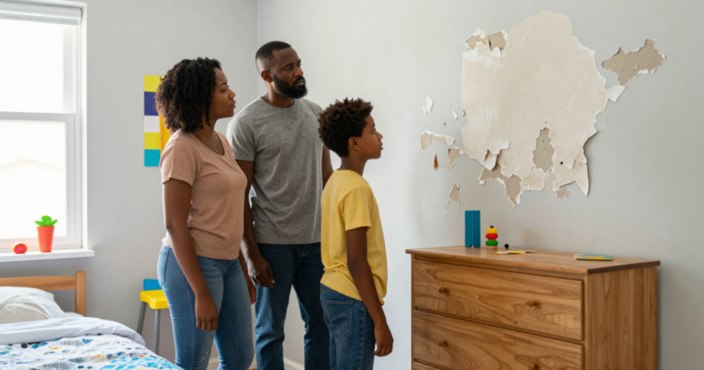 family looking at peeling paint
