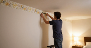 man peeling wallpaper border