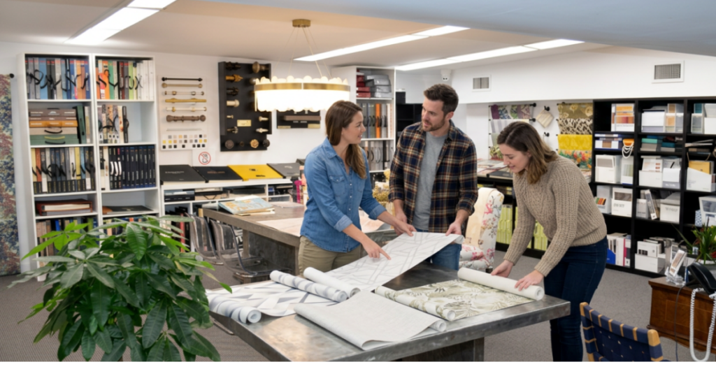 people in atelier with wallpaper rolls