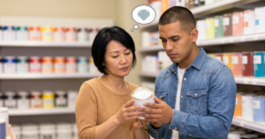 people looking at paint can in store