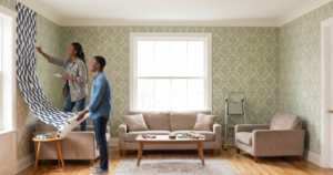 couple putting wallpaper over wallpaper