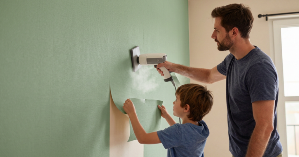 removing wallpaper from wall with steamer