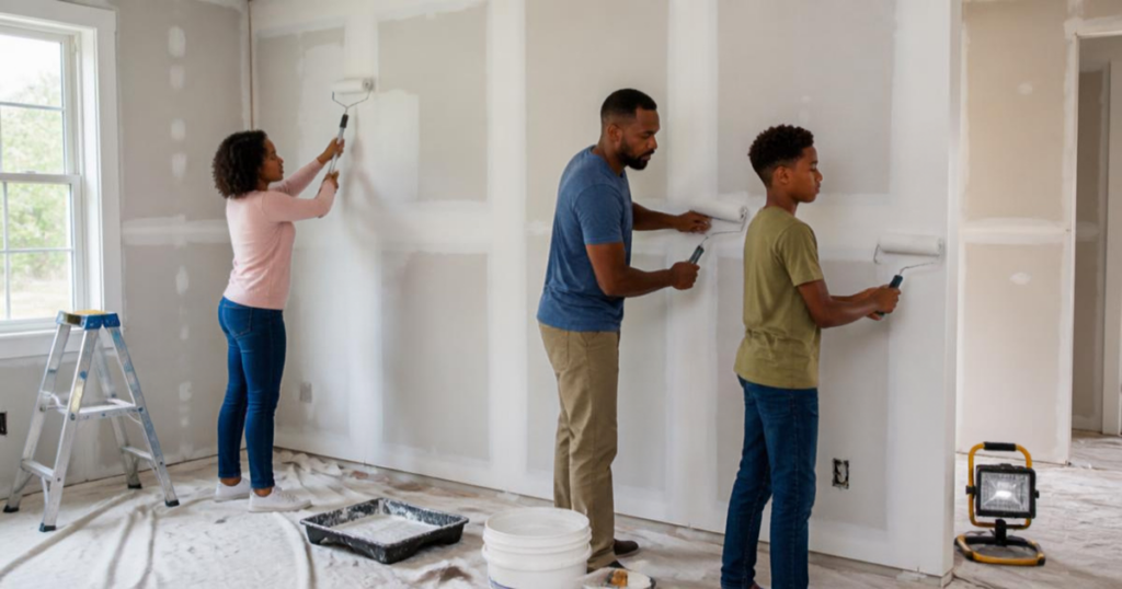 family priming new drywall