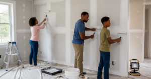 family priming new drywall