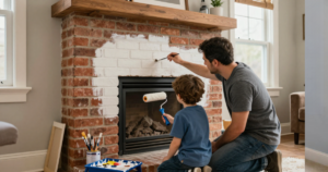 dad painting a brick fireplace