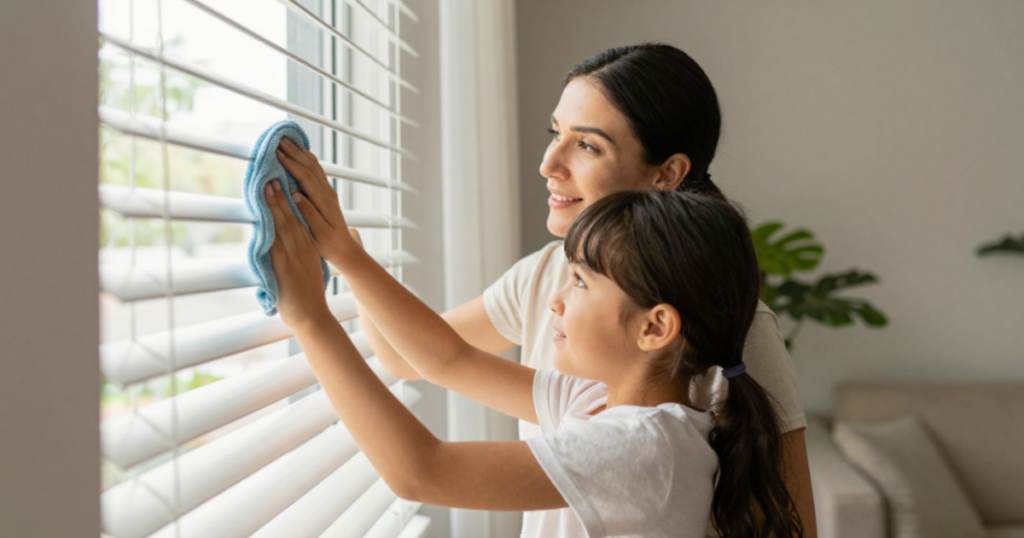 mom and daughter cleaning blinds