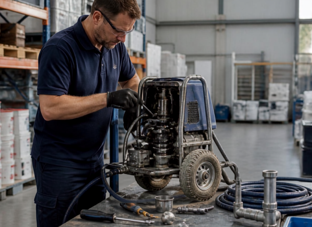 repairing paint sprayer in warehouse