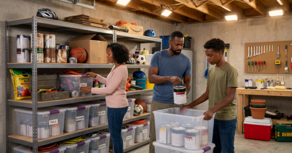 family storing leftover paint in garage